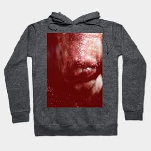 Portrait, digital collage, special processing. Weird. Alien mouth. Desaturated and red. Hoodie